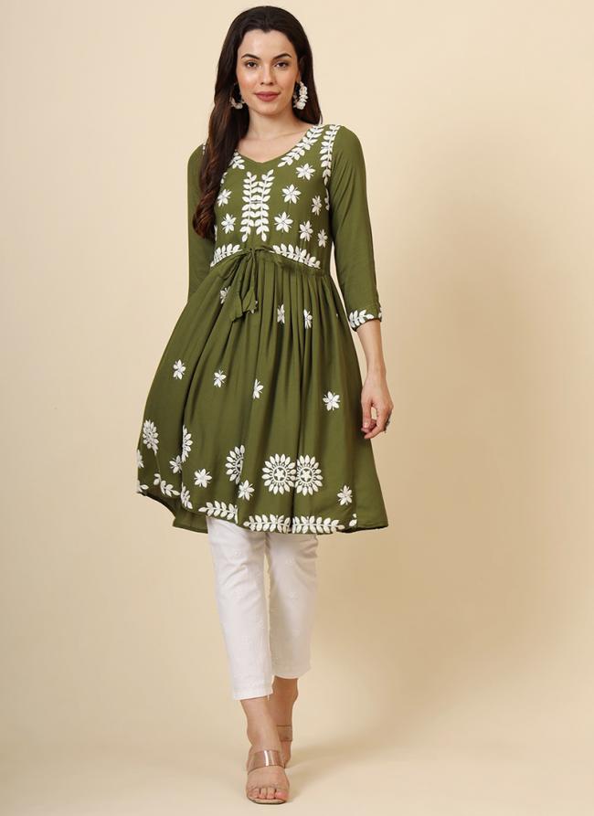 Rayon Mehendi Daily Wear Lucknowi Chikankari Work Readymade Kurti